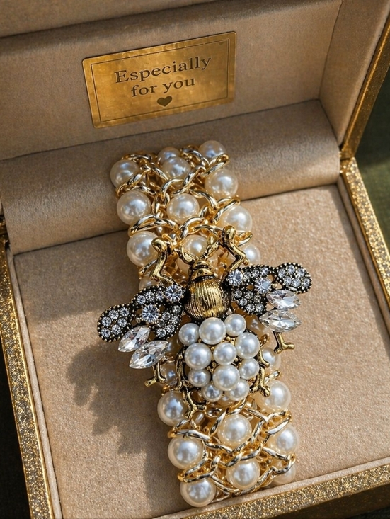 Anthropologie Jewelry - Anthropologie Gold Tone Pearl Bracelet with Crystal Bee Motif